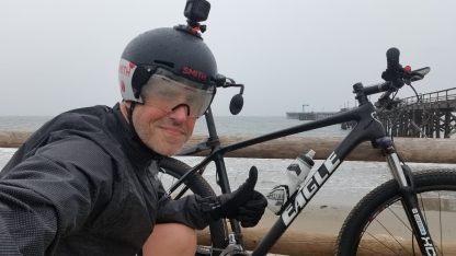 Jon Patrick Hyde At the Goleta Pier in the rain on my trusty Eagle Bicycles Patriot Mountain Bike.